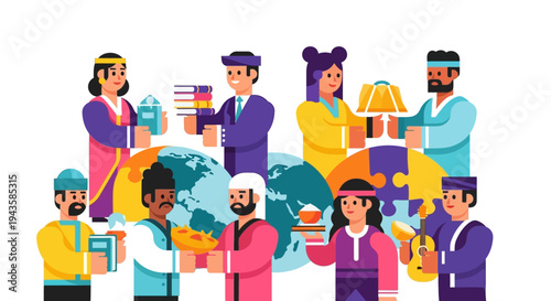 Promoting global unity and cultural exchange Diverse community members sharing traditions, knowledge, and gifts for a harmonious world