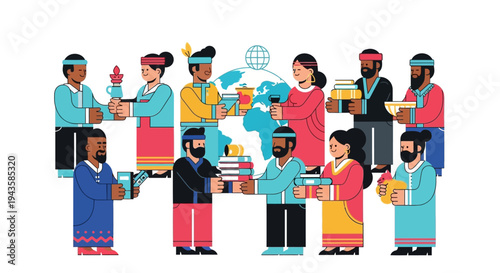 Diverse global community shares knowledge and gifts, fostering cultural exchange and education through collaborative interaction