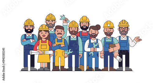 United professional team of diverse construction workers, engineers, and skilled tradespeople showcasing industry expertise and collaborative spirit
