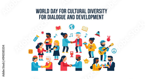 Vibrant illustration of global cultural diversity, fostering dialogue and sustainable development through community unity and understanding