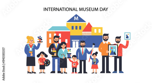 Celebrate International Museum Day with a delightful illustration of diverse people enjoying art and culture