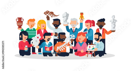 Diverse Group of People Holding Various Museum Artifacts and Art Pieces