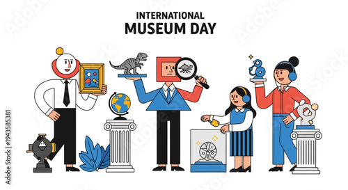 Vibrant illustration of people engaging with diverse exhibits, celebrating International Museum Day, fostering cultural exploration and historical discovery