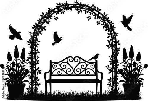 Black silhouette illustration of ornate garden bench with trellis, potted plants, birds, and grass, symbolizing nature, relaxation, decoration, lifestyle, and creative artwork projects