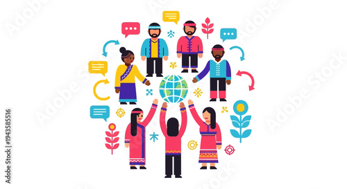 Diverse group of people holding the globe, symbolizing unity and global connection in a stylized, colorful illustration
