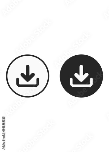 Minimalist black and white download symbols featuring a downward arrow and tray inside a circle. Clean interface elements for web and app design.