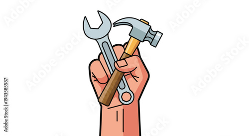 Uplifted Hand with Essential Tools Spanner and Hammer Symbolizing Repair, Construction, and Skilled Work