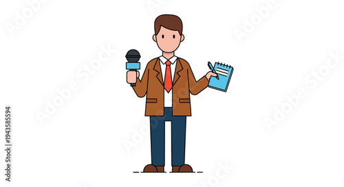 Dedicated Male Reporter Character Delivering News Update with Microphone and Notepad in Broadcast Studio Setting