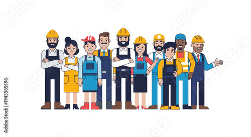 Diverse group of skilled industrial workers standing together, representing various trades and professions in a flat design illustration style