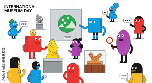 Diverse and vibrant cartoon characters joyfully discover art and culture, celebrating International Museum Day with interactive museum experiences