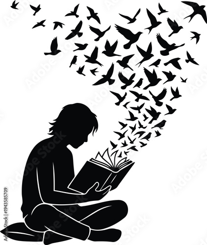 Silhouette of person reading book transforming into flock birds