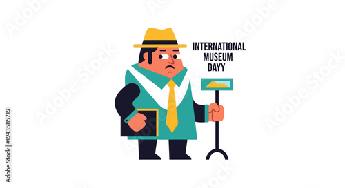 International Museum Day cartoon illustration celebrating culture and heritage with museum visitor and exhibit sign