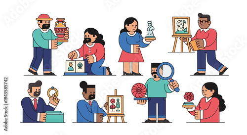 Collection of people with artifacts and art pieces displayed in a gallery or museum setting