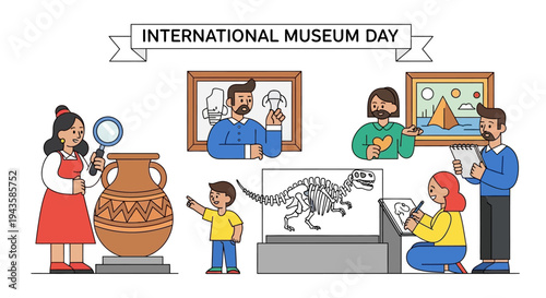 Celebrating International Museum Day with people admiring artifacts and exhibits in a museum gallery