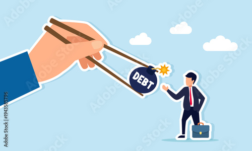 Hand using chopsticks offering bomb labeled debt to businessman illustration of loan offer for business expansion