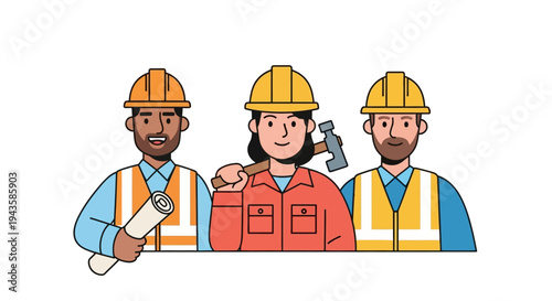 Construction workers in hard hats and vests, professional team