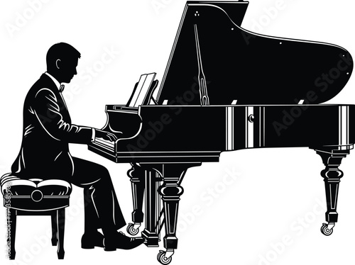 Black silhouette illustration of pianist playing grand piano with sheet music, symbolizing classical music, performance, elegance, creativity, concert, and artistic artwork projects