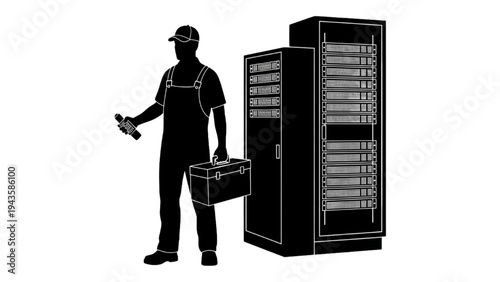 IT Technician Silhouette Performing Server and Network Infrastructure Maintenance Services with Tools