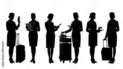 Flight attendants stand with luggage and drinks in airport