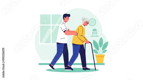 A younger man assists an elderly person walking with a cane indoors.