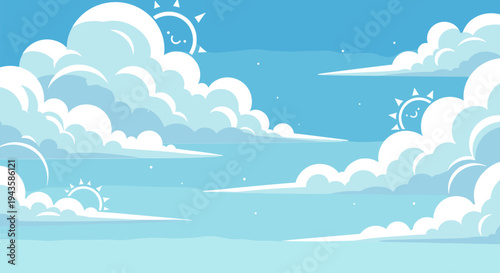 Whimsical Cartoon Sky Backdrop with Fluffy Clouds and Stylized Sun Icons for Bright Day Designs