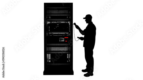 Silhouette of an IT professional performing maintenance or checking equipment in a server rack