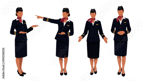 Professional female flight attendants in various poses, representing aviation service and customer care readiness