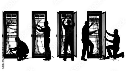 Professional IT Technicians Working on Server Racks for Network Maintenance and Data Center Management
