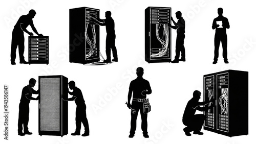 IT technicians working with server racks in a data center environment