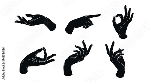 Dynamic set of human hand gesture silhouettes showcasing various non-verbal communication and expressive signs