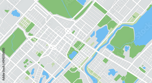 Stylized aerial city map illustrating urban planning, interconnected street grid, green parks, and serene waterways