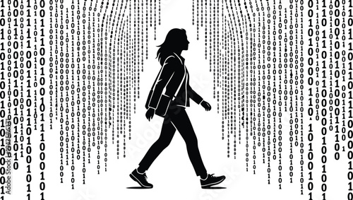 Silhouette of coder walking through abstract digital matrix rain
