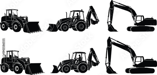 Black silhouette illustration of six construction vehicles including front loader, backhoe loader, and excavator, artwork concept for industry, heavy machinery, engineering, and design projects