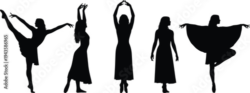Female dancer silhouette collection with elegant ballet and contemporary poses, isolated graceful movement set on white background