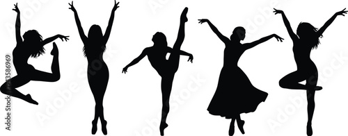Female dancer silhouette collection, graceful ballet and contemporary dance poses isolated on white background vector illustration set