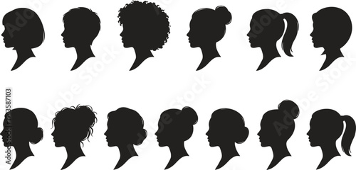 female head silhouette collection vector, woman profile hairstyle icons set, diverse girls face side view illustration bundle