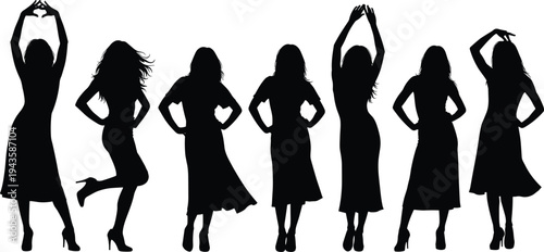 Female dancing silhouettes collection women dance poses fashion model standing elegant girl black silhouette isolated illustration set
