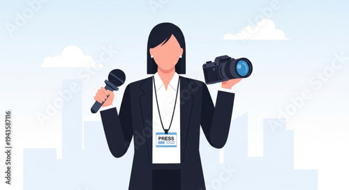 Female TV Reporter Holding Microphone And Camera News Broadcasting Media Concept Minimal Vector Illustration