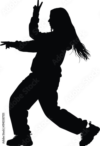 Female hip hop dancer silhouette performing urban street dance move energetic woman dancing freestyle black silhouette isolated on white background