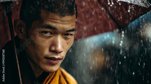 Intense Portrait of a Young Man Holding an Umbrella in Rain with Focused Expression and Wet Background Captured in a Dramatic Light Setting