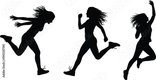 Female runner silhouette collection, woman sprinting and jumping dynamic action poses isolated on white background fitness illustration