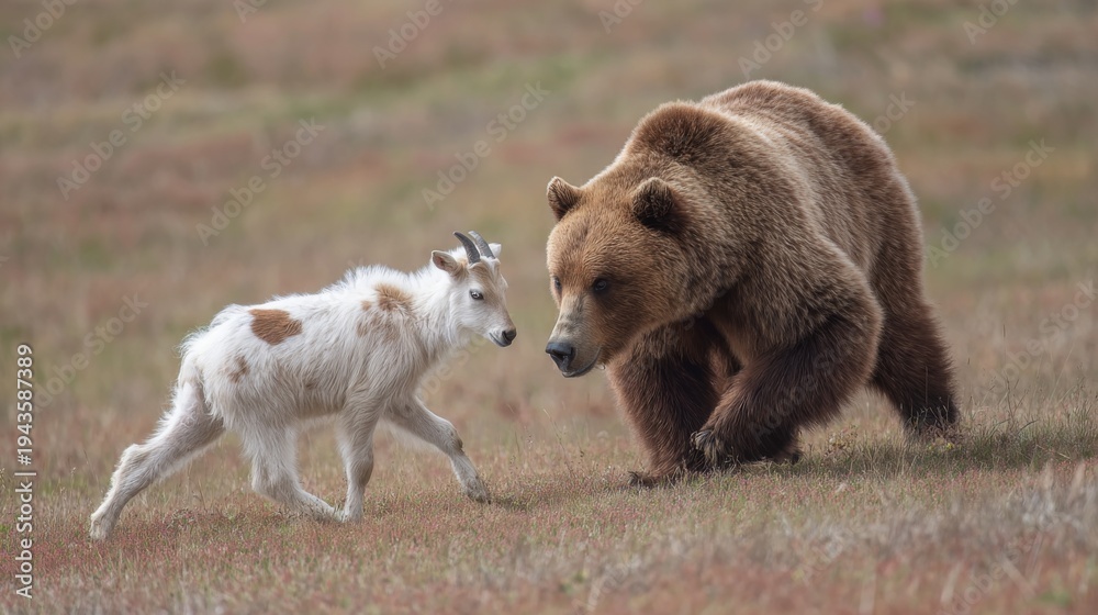 Fototapeta premium Wild encounter between a curious goat and a large brown bear on an open grassy field showcasing nature's interactions in a serene wilderness setting