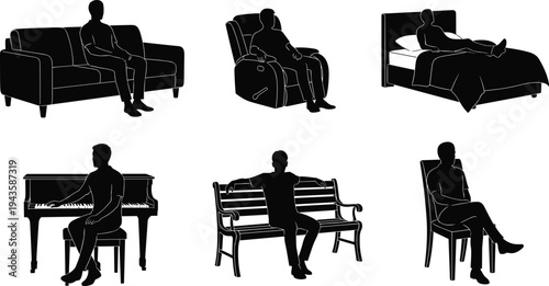 Black silhouette illustration of six people sitting or reclining on sofa, recliner, bed, piano bench, park bench, and dining chair, artwork concept for lifestyle, furniture, and design projects