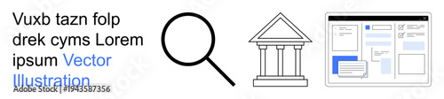 Research, law, education, information analysis, court processes, data organization. Magnifying glass, courthouse and document forms. Research and law concept