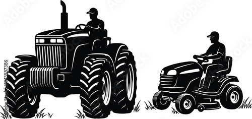 Farmer operating tractor and riding lawn mower, agricultural machinery vehicles working on rural farm illustration