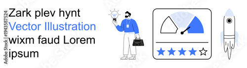 Business growth, innovation, performance assessment, technology progress, branding strategies, customer feedback. A person with a bulb, a rating meter and a rocket. Innovation and performance