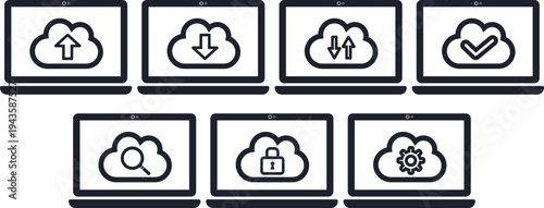 シンプルなノートパソコンのアイコンセット（クラウド処理別）