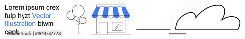 Business identity, retail branding, urban planning, marketing materials, small business concepts, illustration design. A small storefront with blue awning, tree and cloud sketch. Business identity