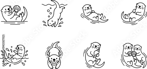 Line art otter icon set six playful poses holding shell diving splashing floating pair simple black stroke vector flat design
