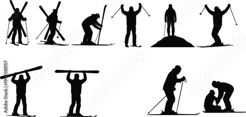 Black silhouette illustration of skiers in various poses carrying skis, skiing, and interacting, symbolizing winter sports, recreation, teamwork, adventure, and creative artwork projects